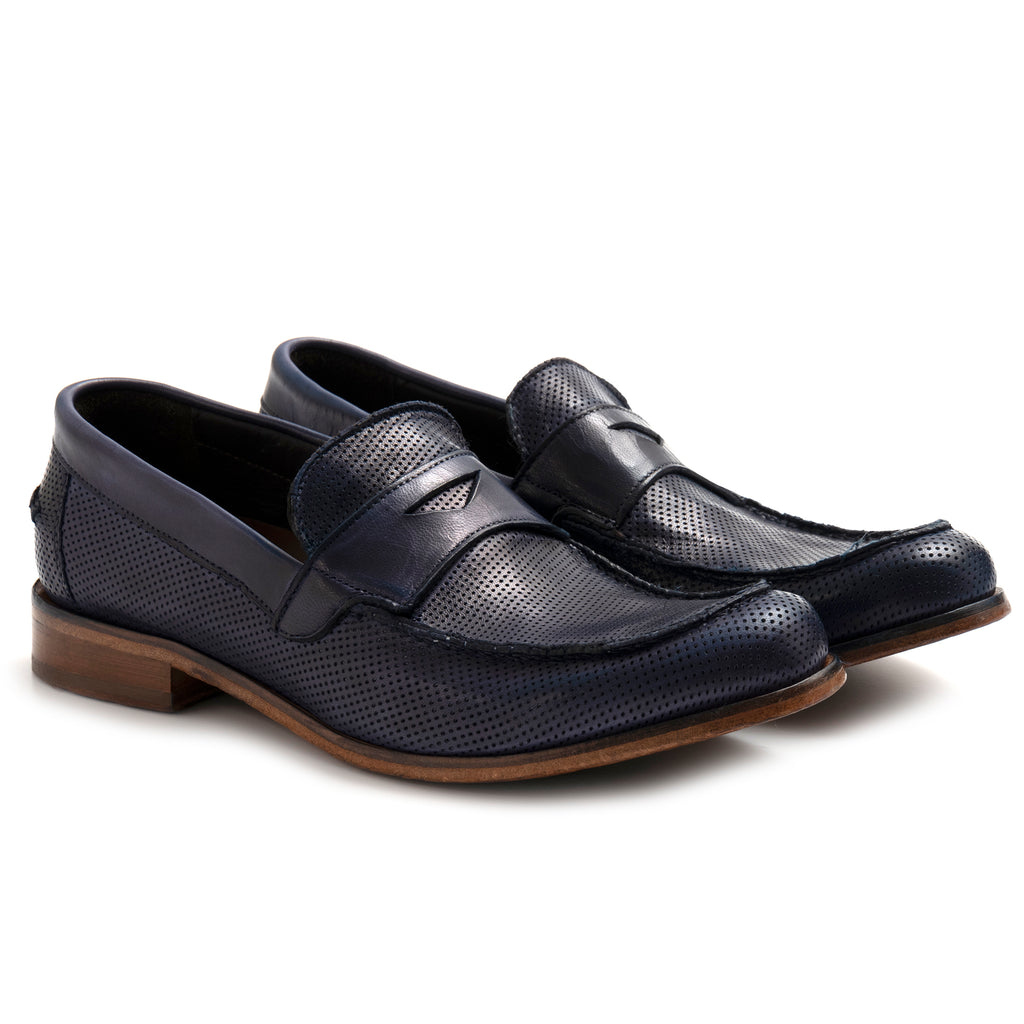 Men's JP David moccasins in micro-perforated blue leather