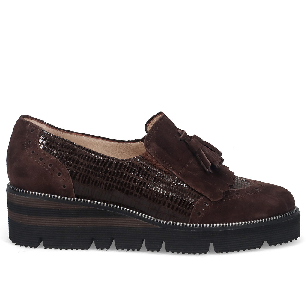 SANGIORGIO: Sangiorgio women's slip on shoes dark brown with fringe and tassels