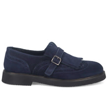 Monk strap with fringe Sangiorgio in soft water-repellent blue suede