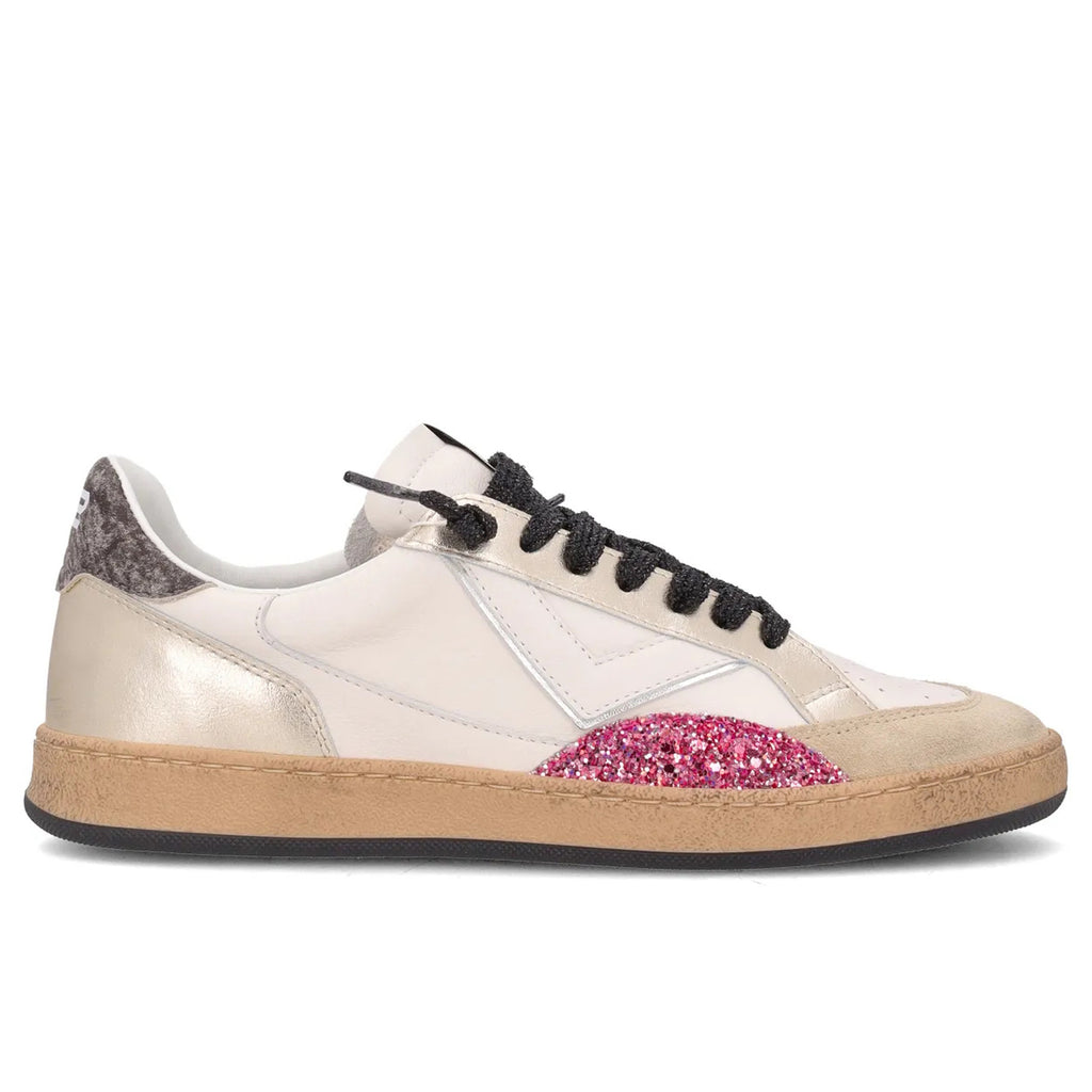 4B12: 4b12 Play New women's sneakers in white and platinum leather with fuchsia glitter