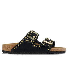 Women's Birkenstock Arizona slide in black suede with studs