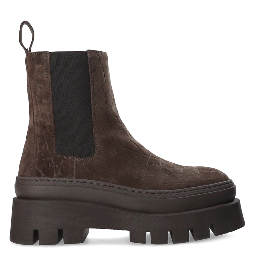COPENHAGEN: Copenhagen Studios CPH686 Chelsea boot in chocolate suede with croco print