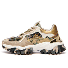 Women's Joia Paris Celebrity beige, gold, and camouflage sneakers with rhinestones