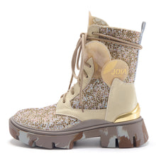 Women's lace-up ankle boot Joia Paris Joker beige with rhinestones and multi-material inserts