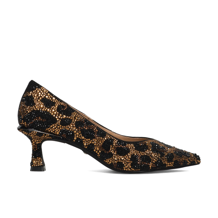 Alma en Pena: Elegant women's shoe covered in gold and black rhinestones with a comfortable spool heel