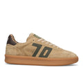 BACK 70: Men's Double sneakers in beige suede with dark brown and olive green leather, featuring pied de poule lining