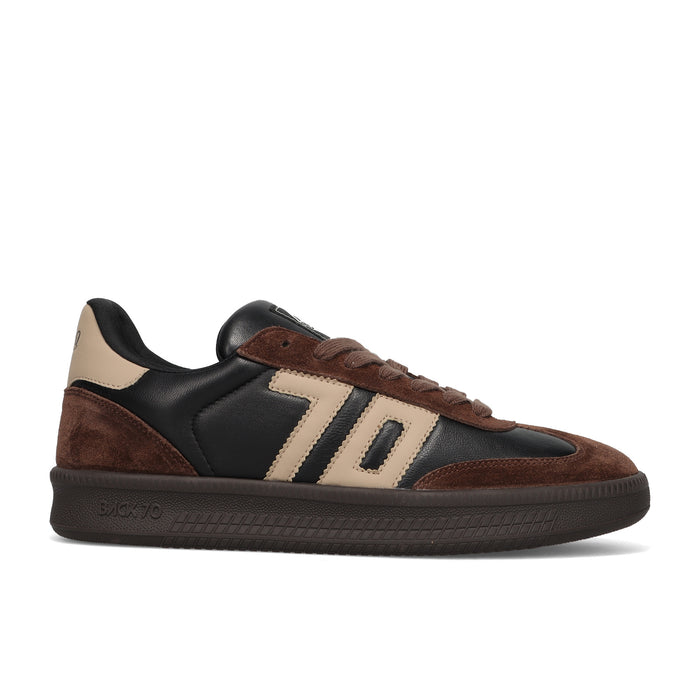 BACK 70: Sneaker da uomo modello Double in pelle imbottita nera e beige e suede marrone