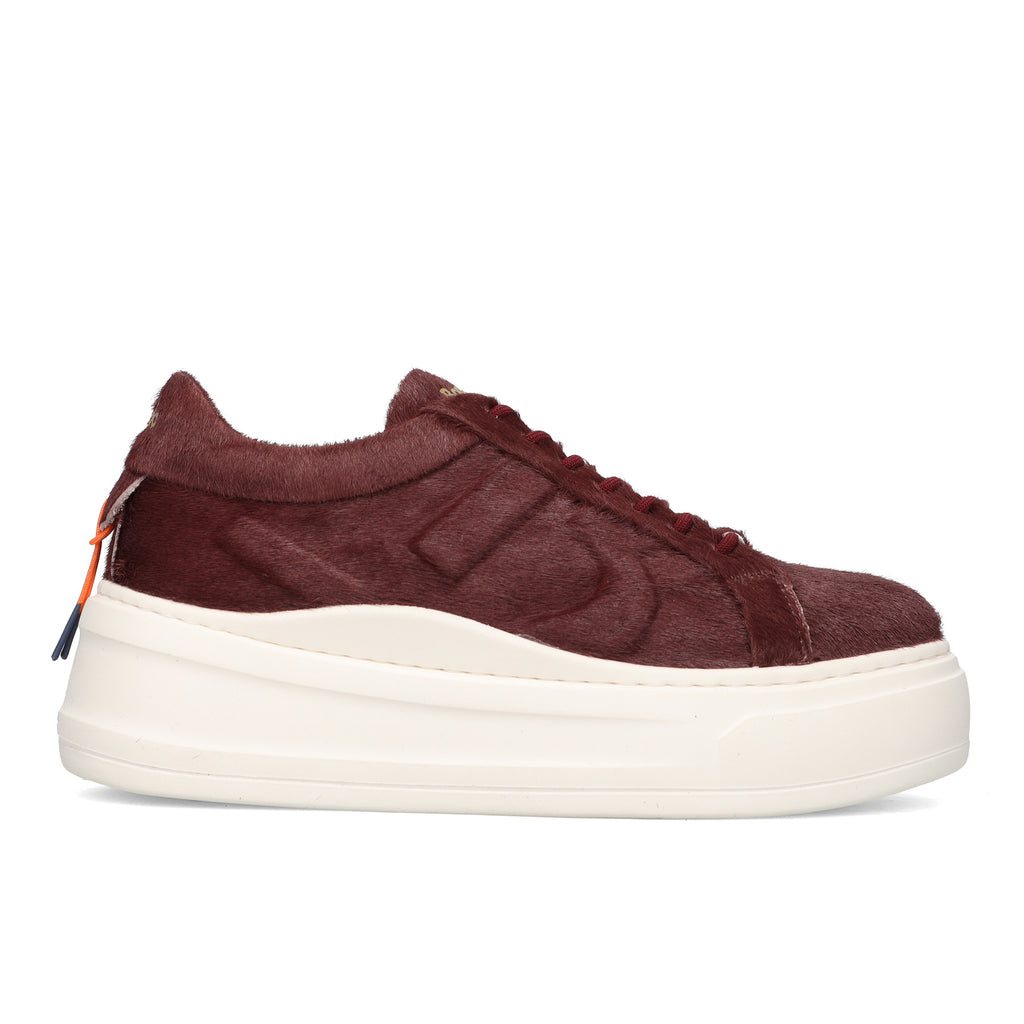 BARRACUDA: Women's Mary Lou platform sneakers in brisa atik pony hair, burgundy