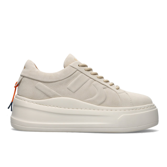 BARRACUDA: Women's Mary Lou slip-on platform sneakers in soft ivory marble suede