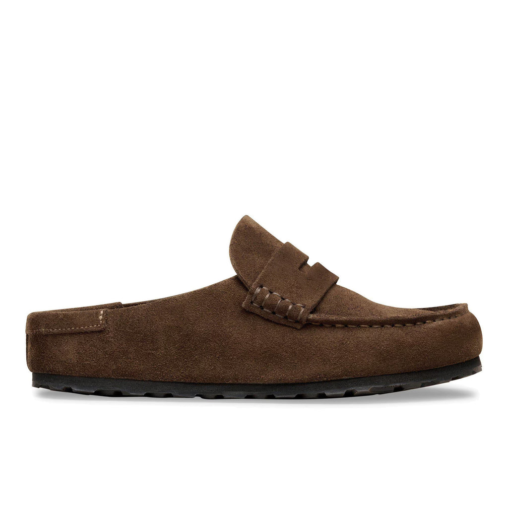 BIRKENSTOCK: Men's Naples Wrapped moccasin mule in dark brown suede with anatomical footbed