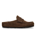 BIRKENSTOCK: Men's Naples Wrapped moccasin mule in dark brown suede with anatomical footbed