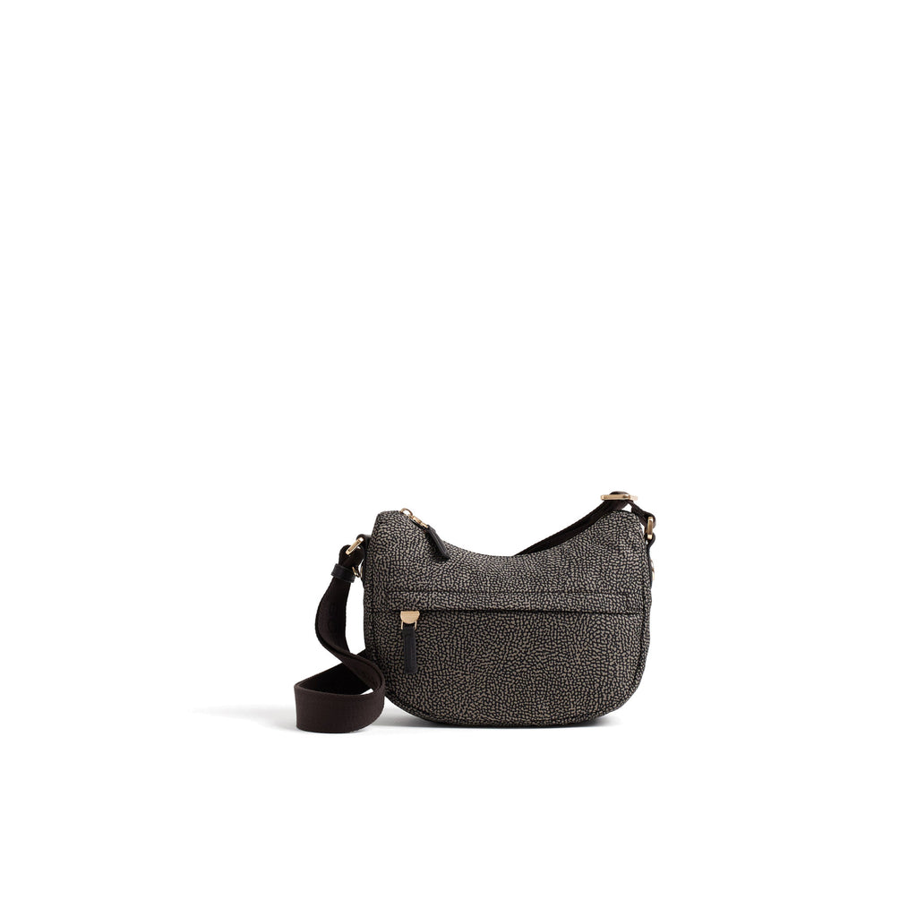 BORBONESE: Small women's crossbody bag B-Club Luna in tar grey printed Op canvas