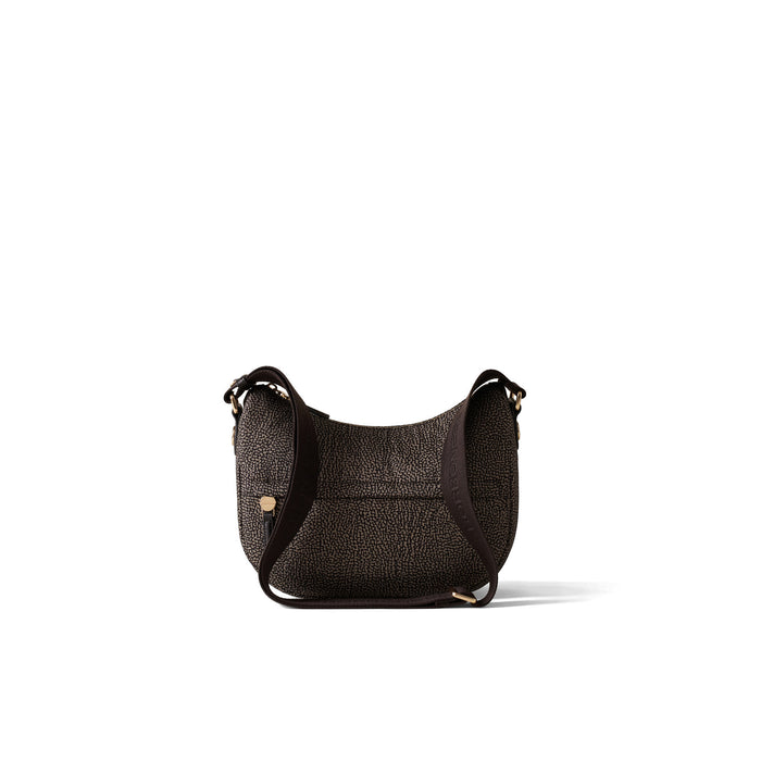 BORBONESE: Small B-Club Luna crossbody bag in chocolate brown recycled Op fabric