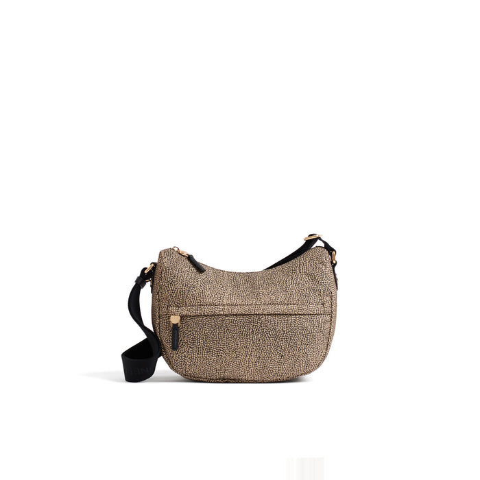 BORBONESE: B-Club Luna small shoulder bag in beige and black recycled Op fabric