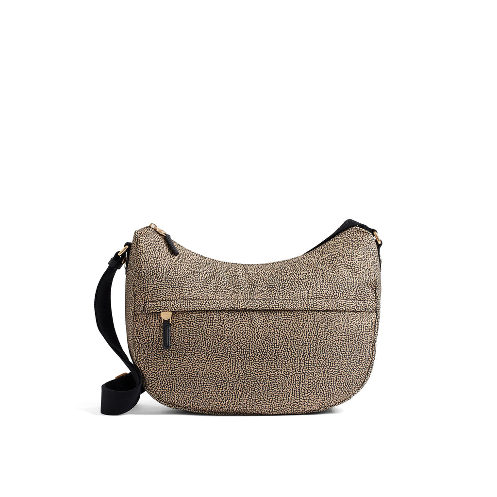 BORBONESE: Medium shoulder bag B-Club Luna Bag in recycled Op fabric, beige and black