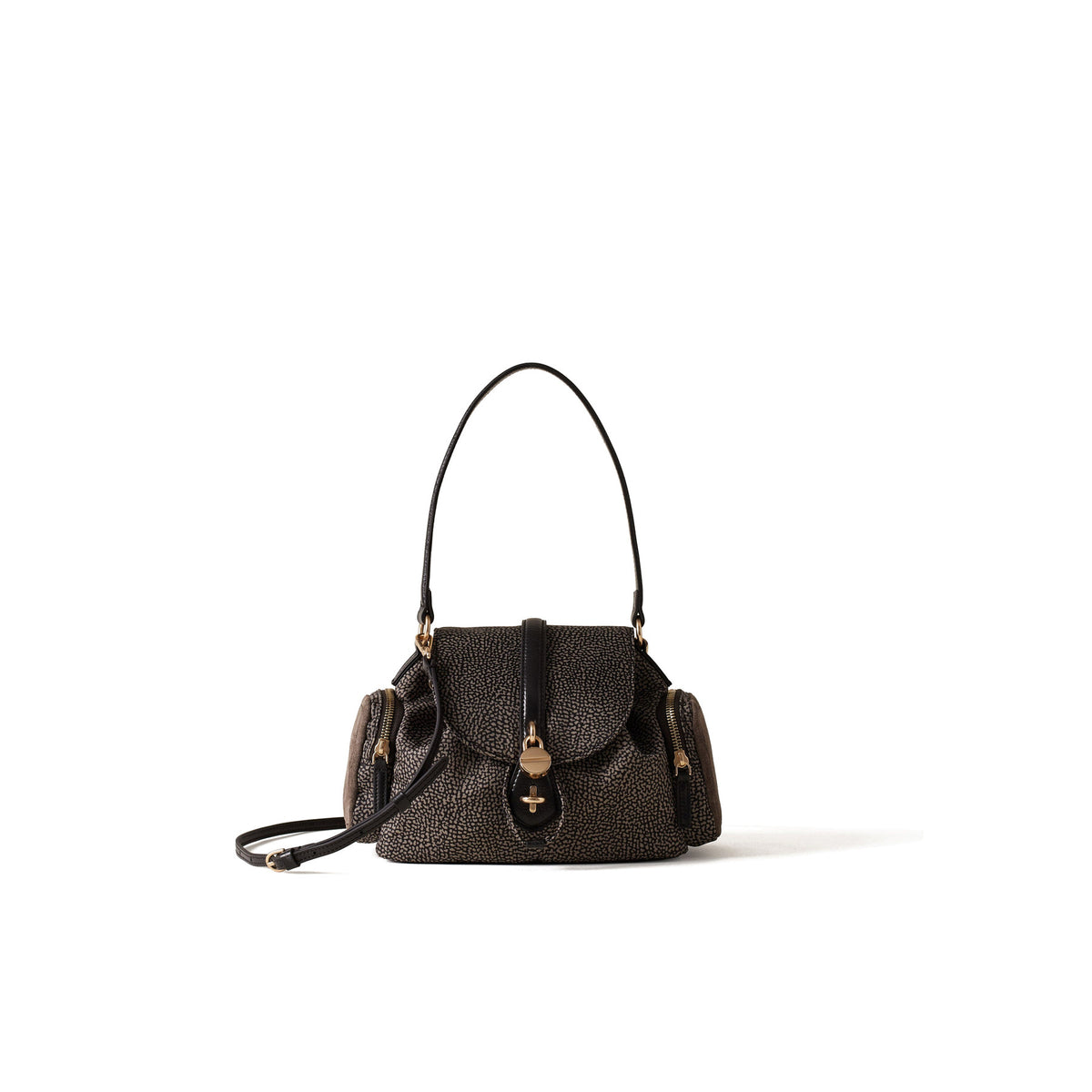BORBONESE: Women's Poche Crossover shoulder bag, small size, in Op print fabric in tar grey