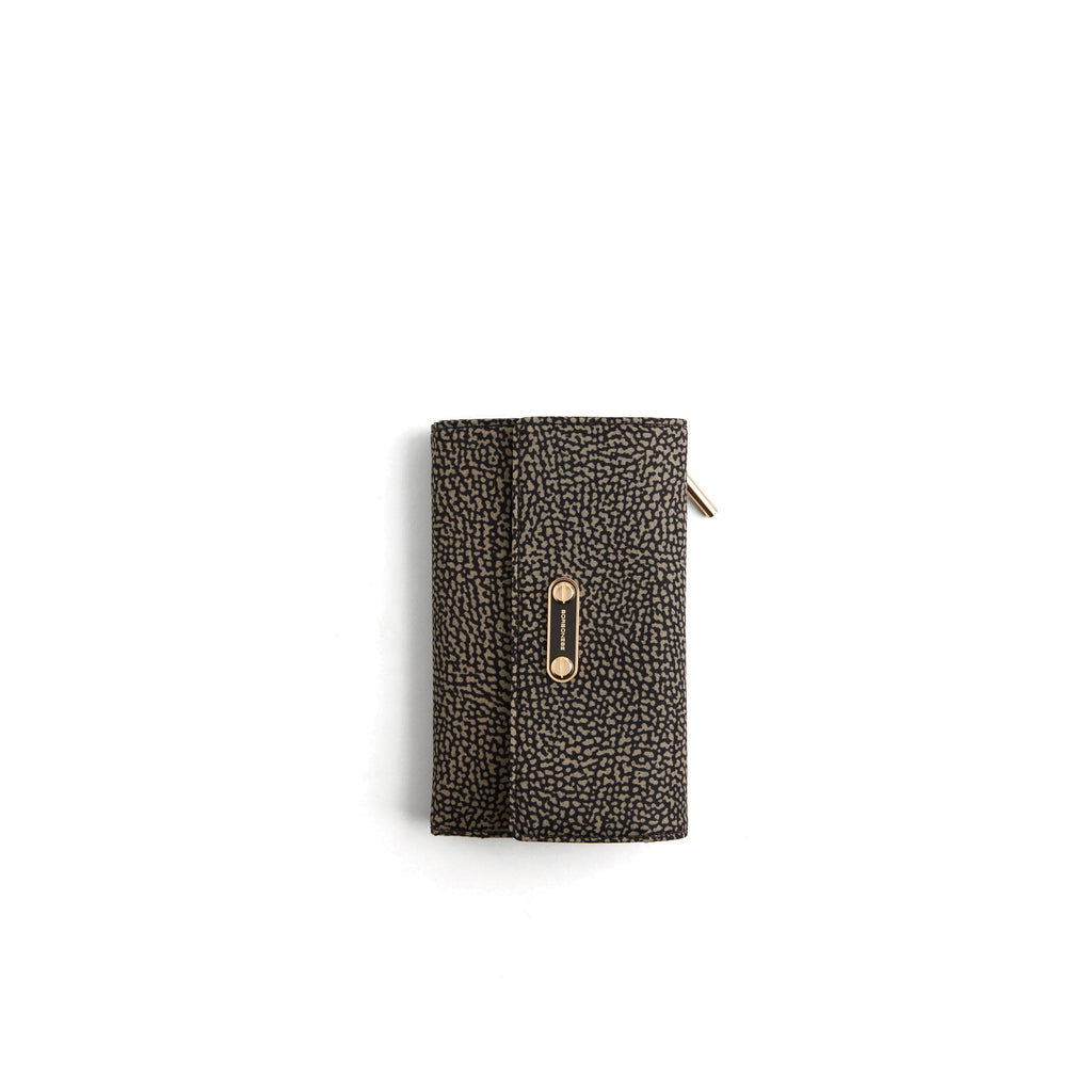 BORBONESE: Medium women's wallet with flap in tar grey Op print fabric