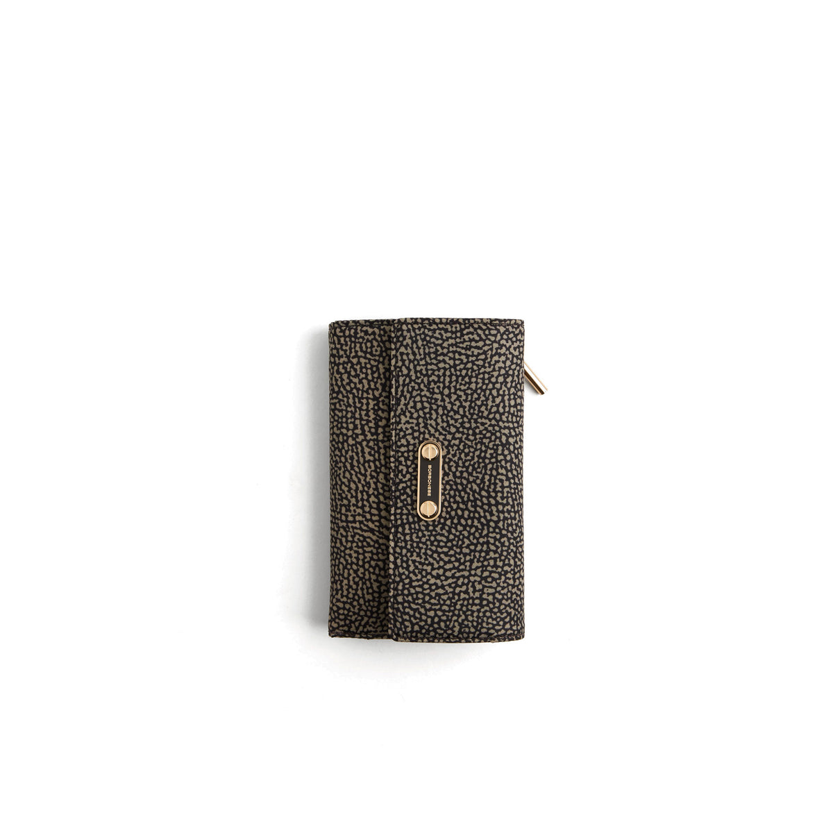 BORBONESE: Medium women's wallet with flap in tar grey Op print fabric