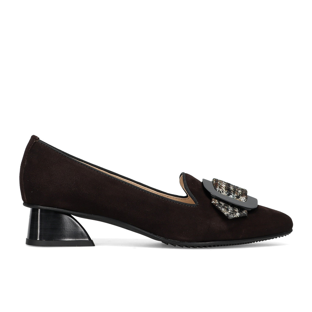BRUNATE: Elegant women's loafer in dark brown suede with buckle and comfortable heel