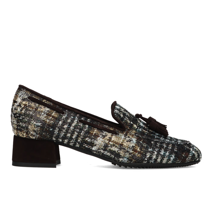 BRUNATE: Refined women's loafer in marble fabric and dark brown suede with tassels and comfortable heel