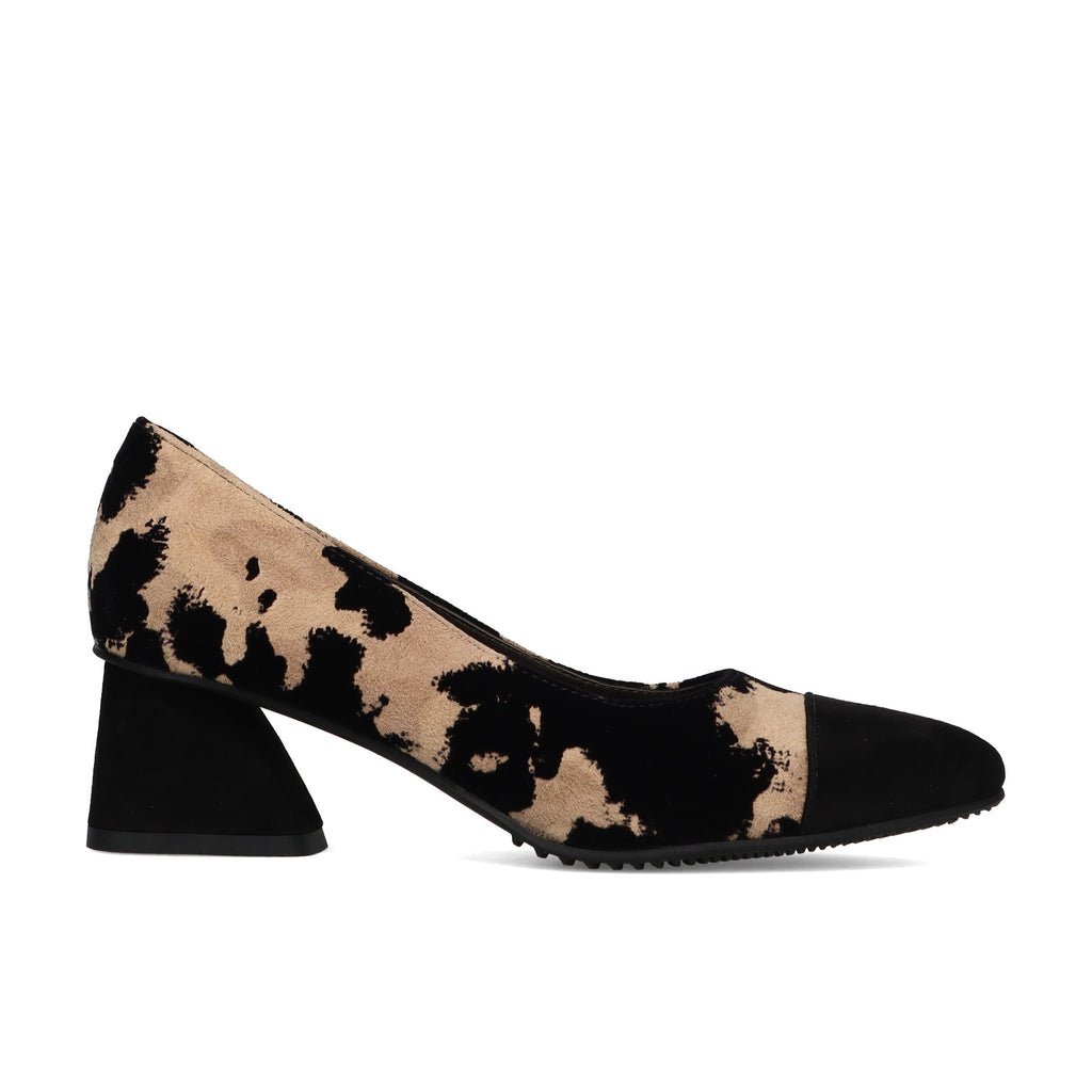 BRUNATE: Suede pump with water-repellent black and beige camouflage print and a comfortable heel