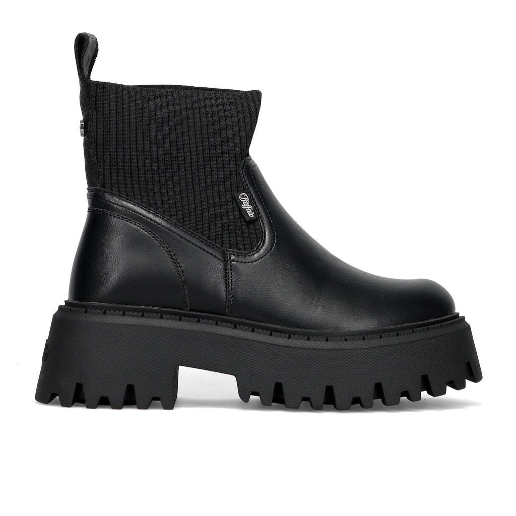 BUFFALO: Aspen women's ankle boot in black vegan leather with knit sock and maxi ridged sole