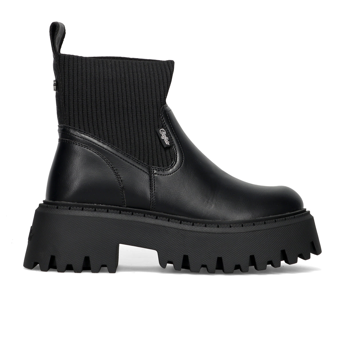 BUFFALO: Aspen women's ankle boot in black vegan leather with knit sock and maxi ridged sole