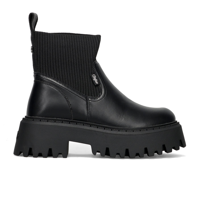 BUFFALO: Aspen women's ankle boot in black vegan leather with knit sock and maxi ridged sole