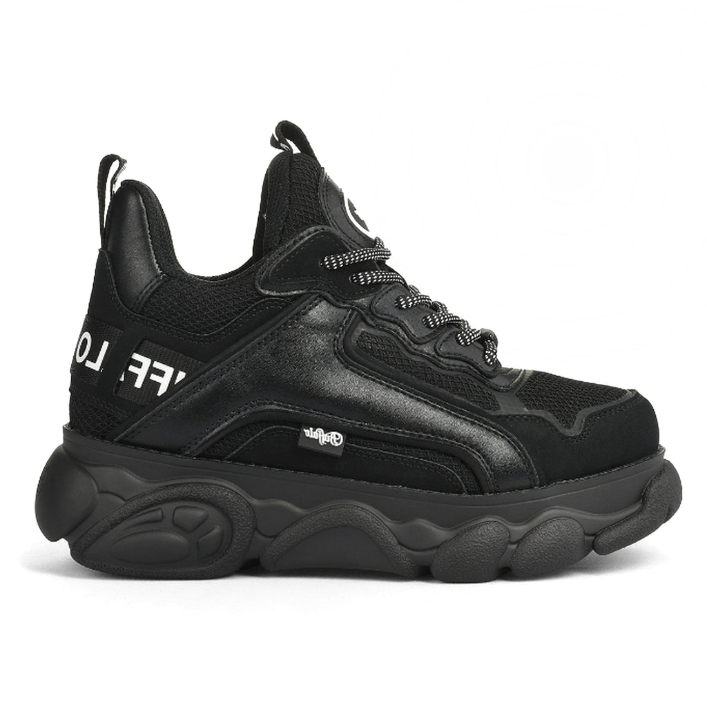 BUFFALO: Women's black vegan platform sneakers CLD Chai with white lettering