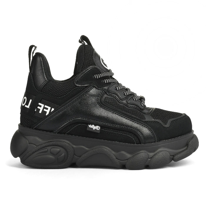 BUFFALO: Women's black vegan platform sneakers CLD Chai with white lettering