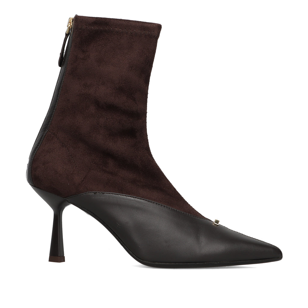 CHANTAL: Elegant ankle boot in soft stretch suede and dark brown nappa leather with a medium heel