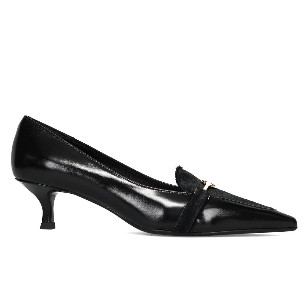 CHANTAL: Elegant women's loafer in black leather and pony hair with spool heel
