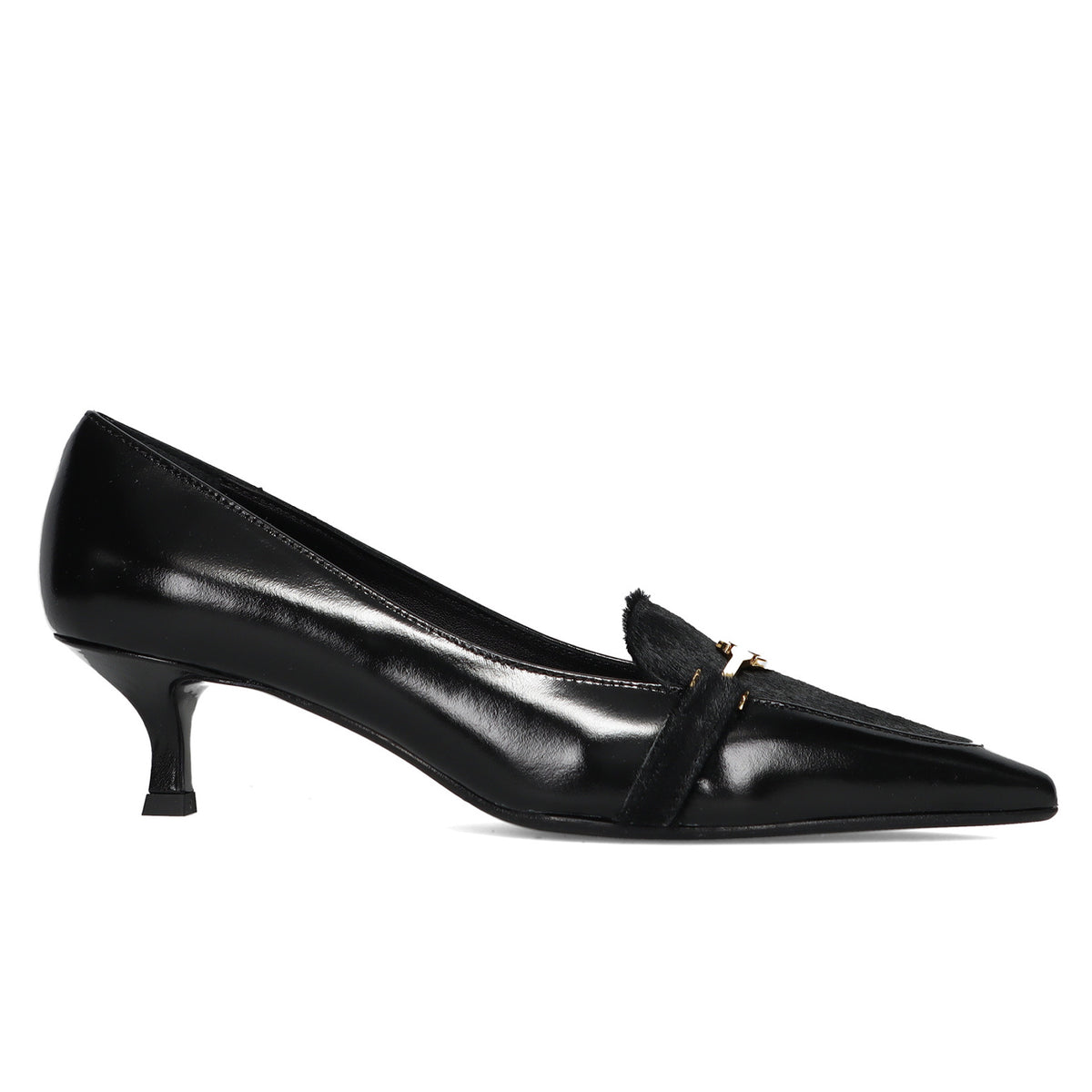CHANTAL: Elegant women's loafer in black leather and pony hair with spool heel