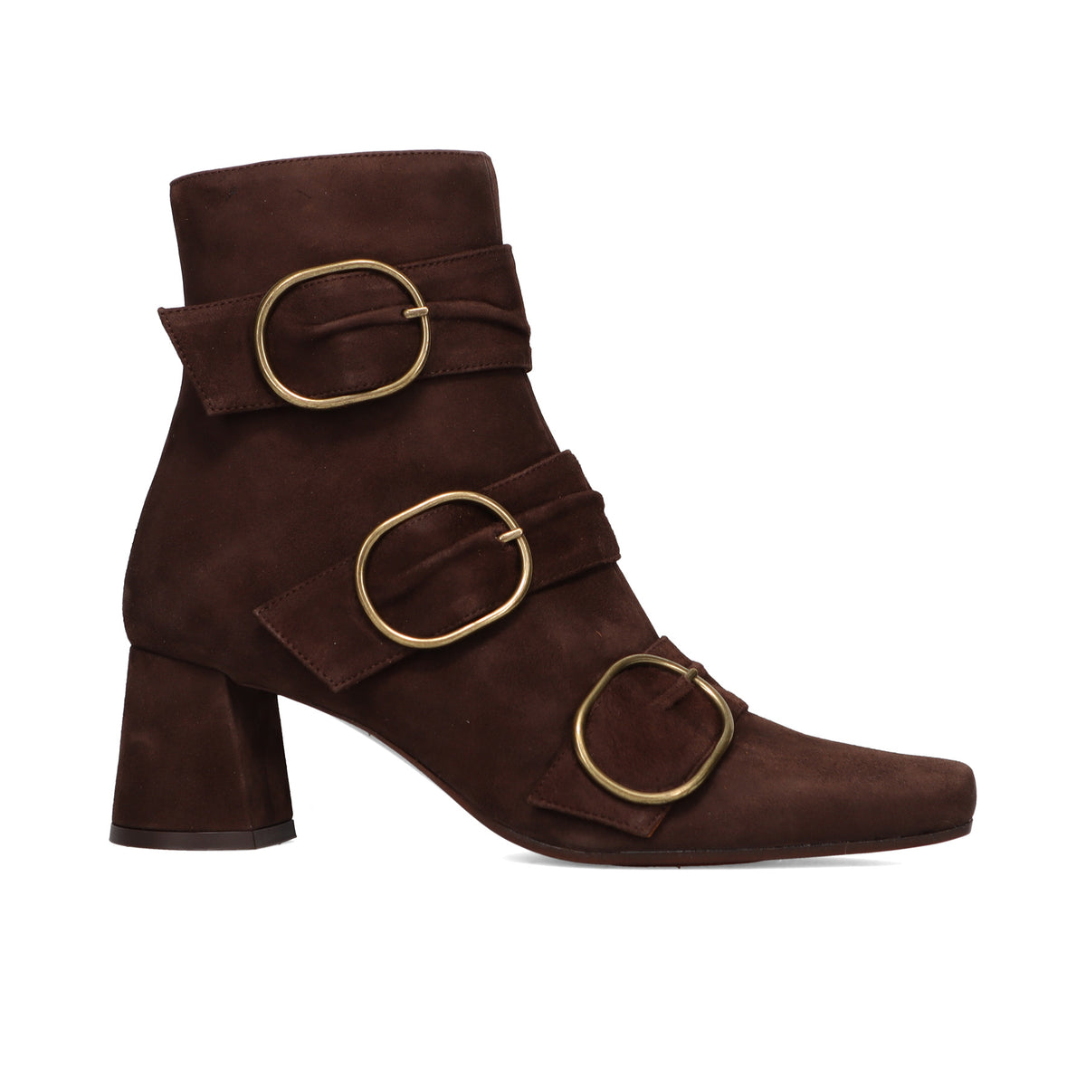 CHIE MIHARA: Adila women's ankle boot in dark brown suede with buckles and medium heel