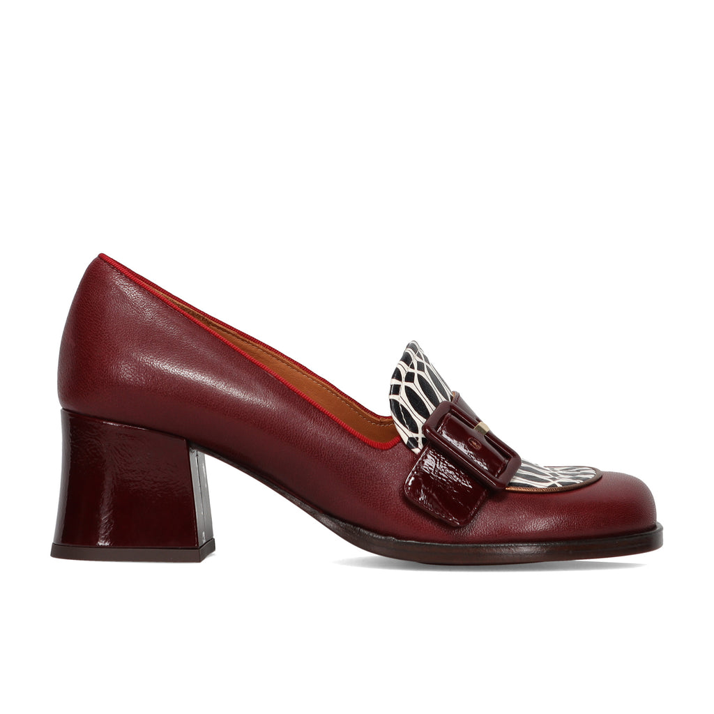 CHIE MIHARA: Teisin loafer in burgundy leather with geometric black and white inserts and a mid heel