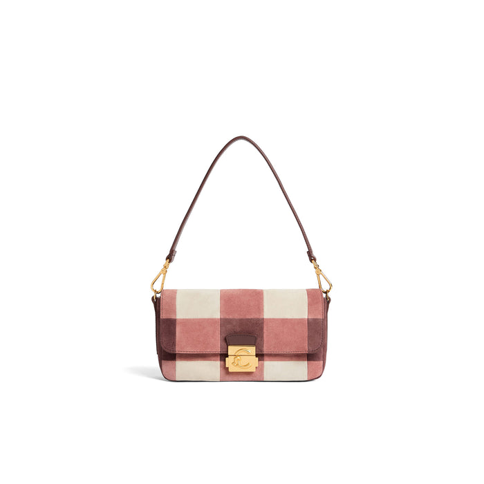 COCCINELLE: Medium C-Me Lock bag in pink and berry suede with vichy patchwork design