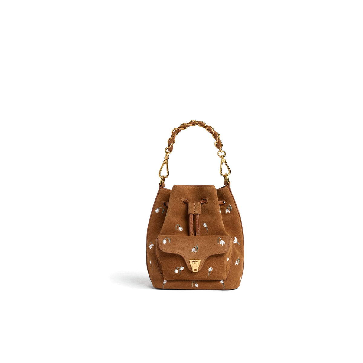 COCCINELLE: Small Beat Generation bucket bag in cognac suede with floral embroidery