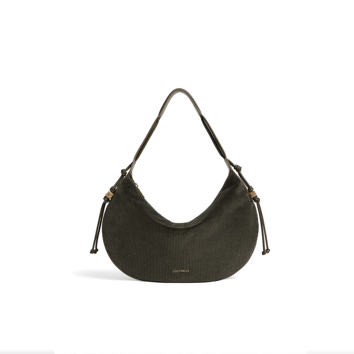 COCCINELLE: Thess medium shoulder bag in moss green ribbed fabric