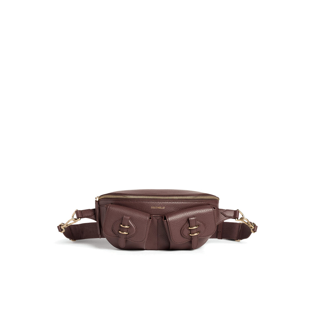 COCCINELLE: Small women's Mavery Pocket belt bag in burgundy hammered leather