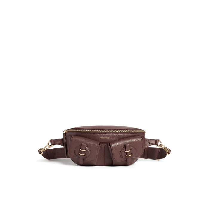 COCCINELLE: Small women's Mavery Pocket belt bag in burgundy hammered leather