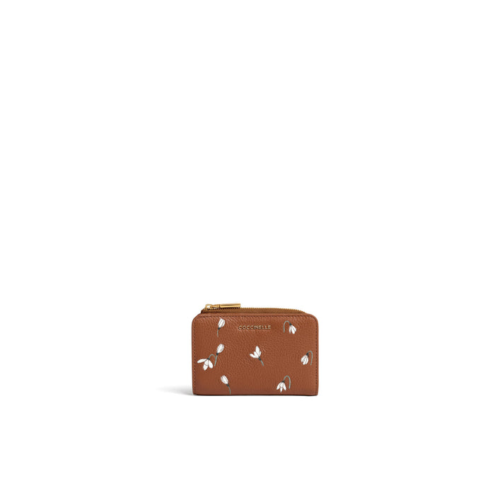 COCCINELLE: Small Metallic wallet in Cognac color with snowdrop flower embroidery