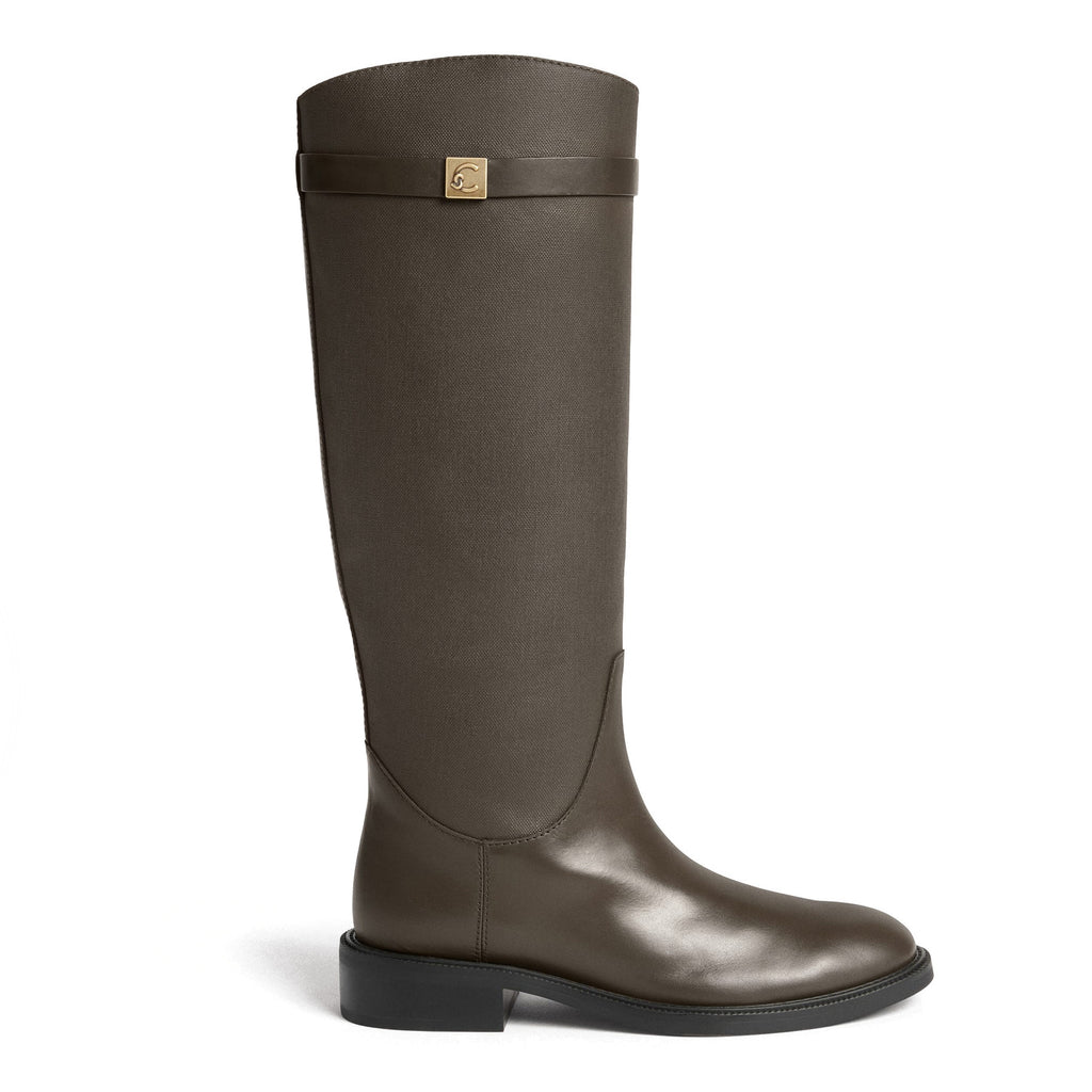 COCCINELLE: Pansy fango green riding boot in smooth calfskin leather and waxed fabric