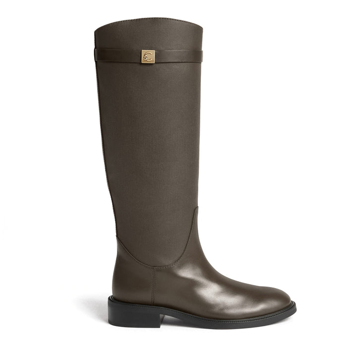 COCCINELLE: Pansy fango green riding boot in smooth calfskin leather and waxed fabric