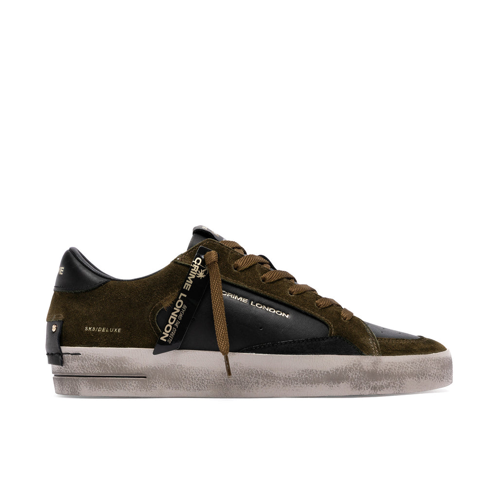 Crime London: Men's Skate sneakers in black leather and olive green suede
