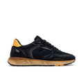 Crime London: Rush men's running sneaker in blue suede and technical fabric with yellow inserts