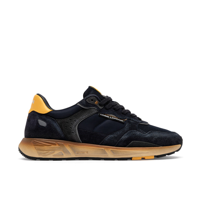 Crime London: Rush men's running sneaker in blue suede and technical fabric with yellow inserts