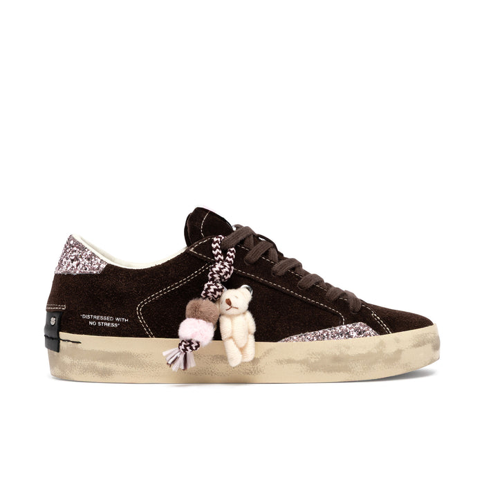 Crime London: Women's Distressed sneaker in dark brown suede and pink glitter with a teddy bear charm