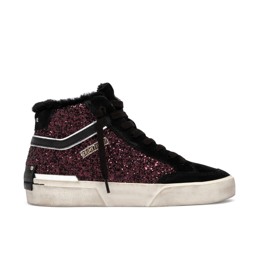 Crime London: Women's Recut High Top sneakers in black suede and blueberry purple glitter with teddy lining