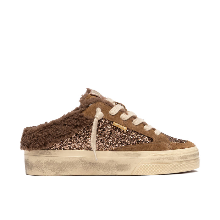 Crime London: Women's Soho mule sneaker in brown suede and bronze glitter with teddy lining