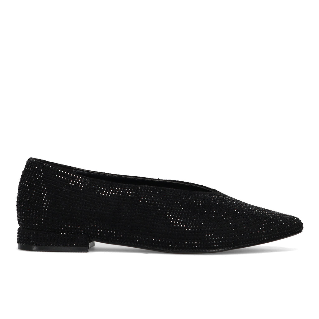 CRISTIN: Elegant women's flat pointed-toe shoe in fabric with black rhinestones and V-neckline